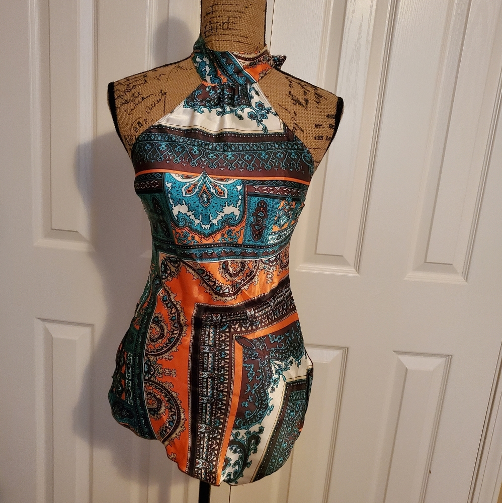 Hot Kiss Small Paisley Halter Top Hi-Low Coral